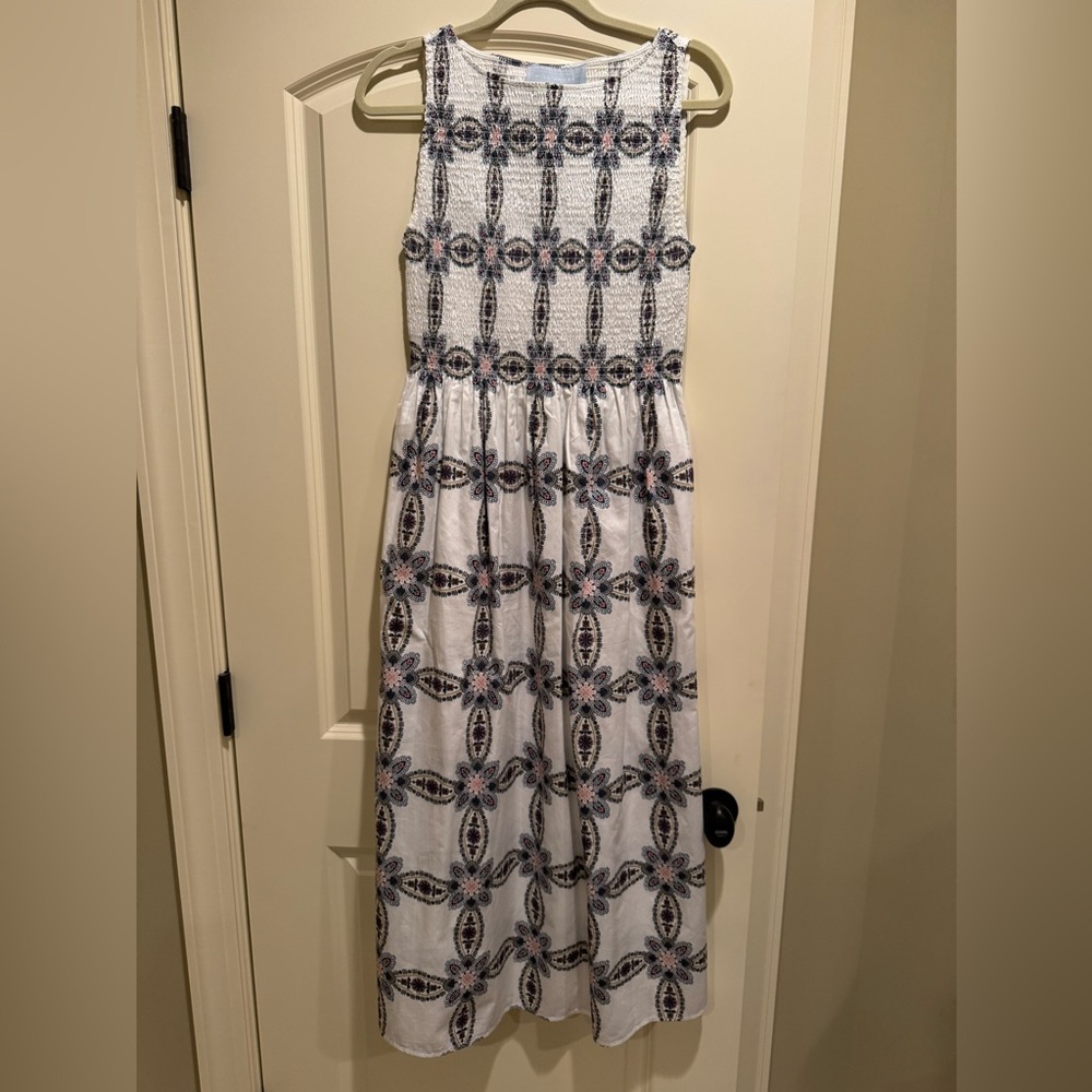 Hill House White Maxi Dress with Blue and Pink Patterns